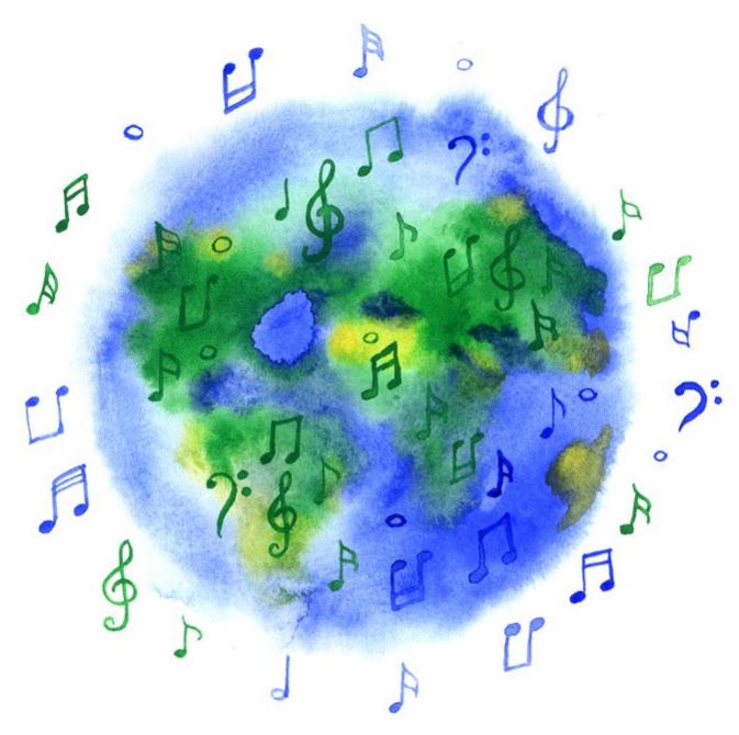 Drawing of the planet earth encircled by musical notes. 